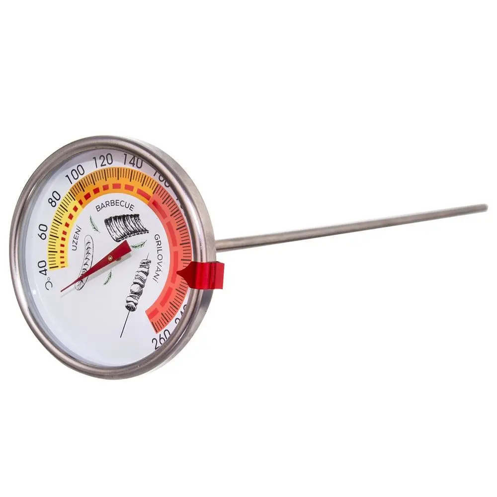 teploměr d7,5x33cm, od 40°C do 260°C, do udírny, klip, kov