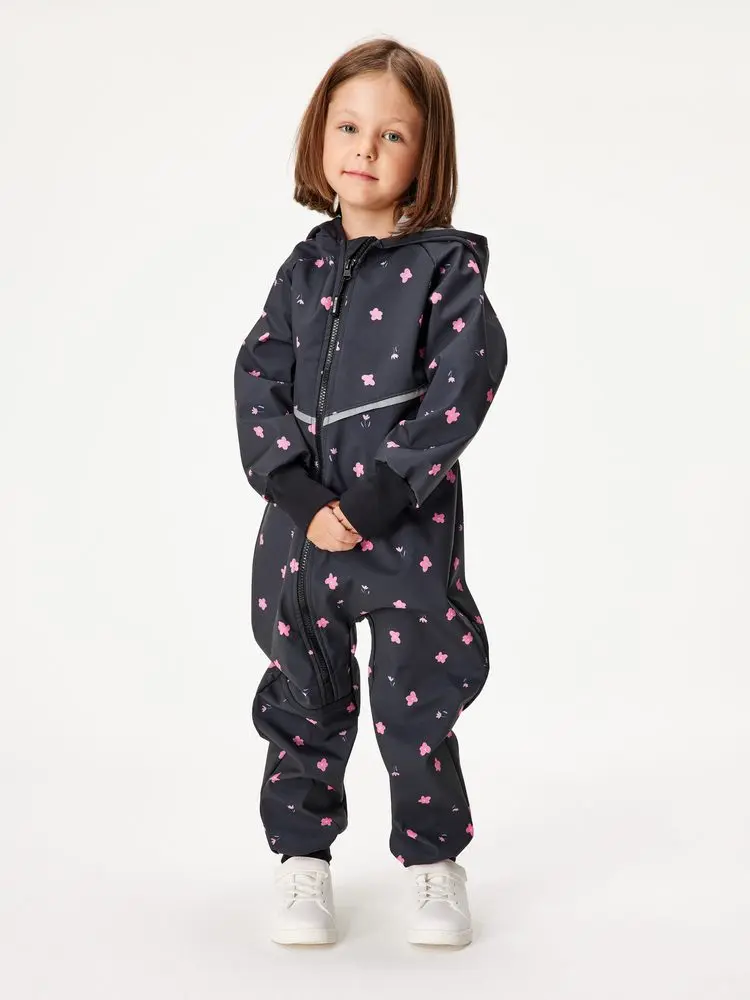 Unuo, Batolecí softshellová kombinéza s fleecem Mini, Černá, Květiny - 98/104 - 2-4 roky