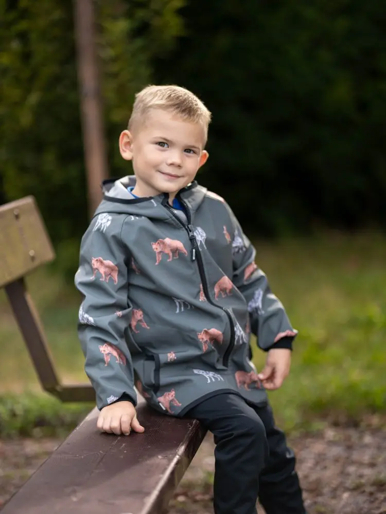 Unuo, Dětská softshellová bunda s fleecem Basic, Khaki, Lesní zvířata - 122/128