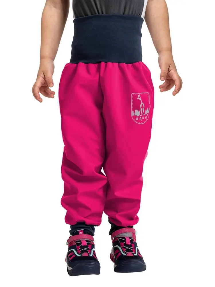 unuo Batolecí softshellové kalhoty bez zateplení Fuchsiové + reflexní obrázek Evžen (Softshell toddler trousers, no insulation, fuchsia) -