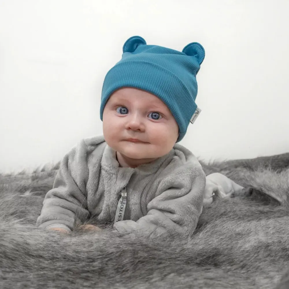 ESITO Zimní žebrovaná čepice s oušky Color Blue - modrá