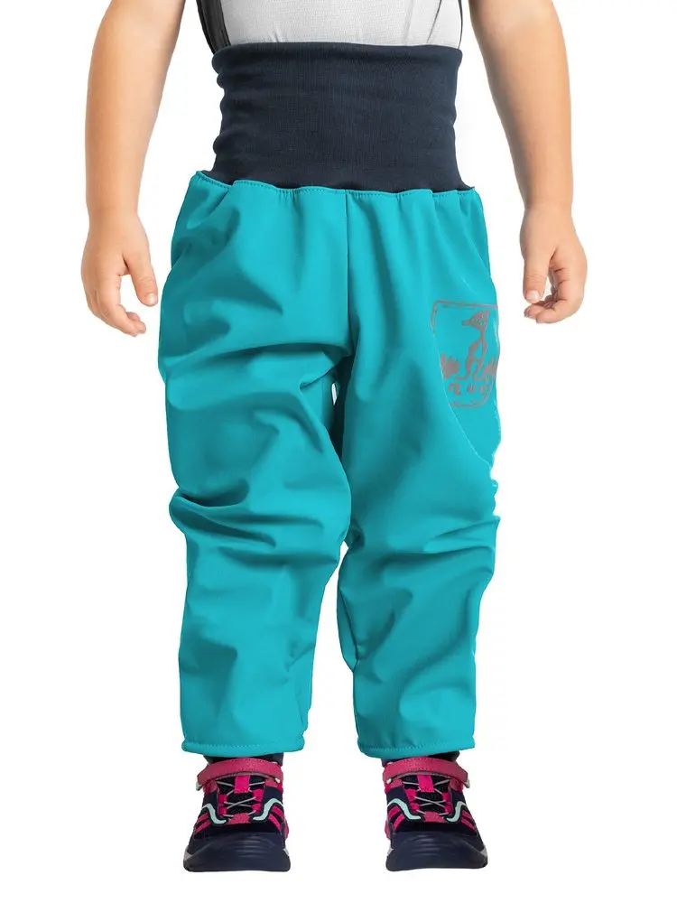 Unuo, Batolecí softshellové kalhoty s fleecem, Smaragdová + reflexní obrázek Evžen (Softshell toodler trousers) - 92/98