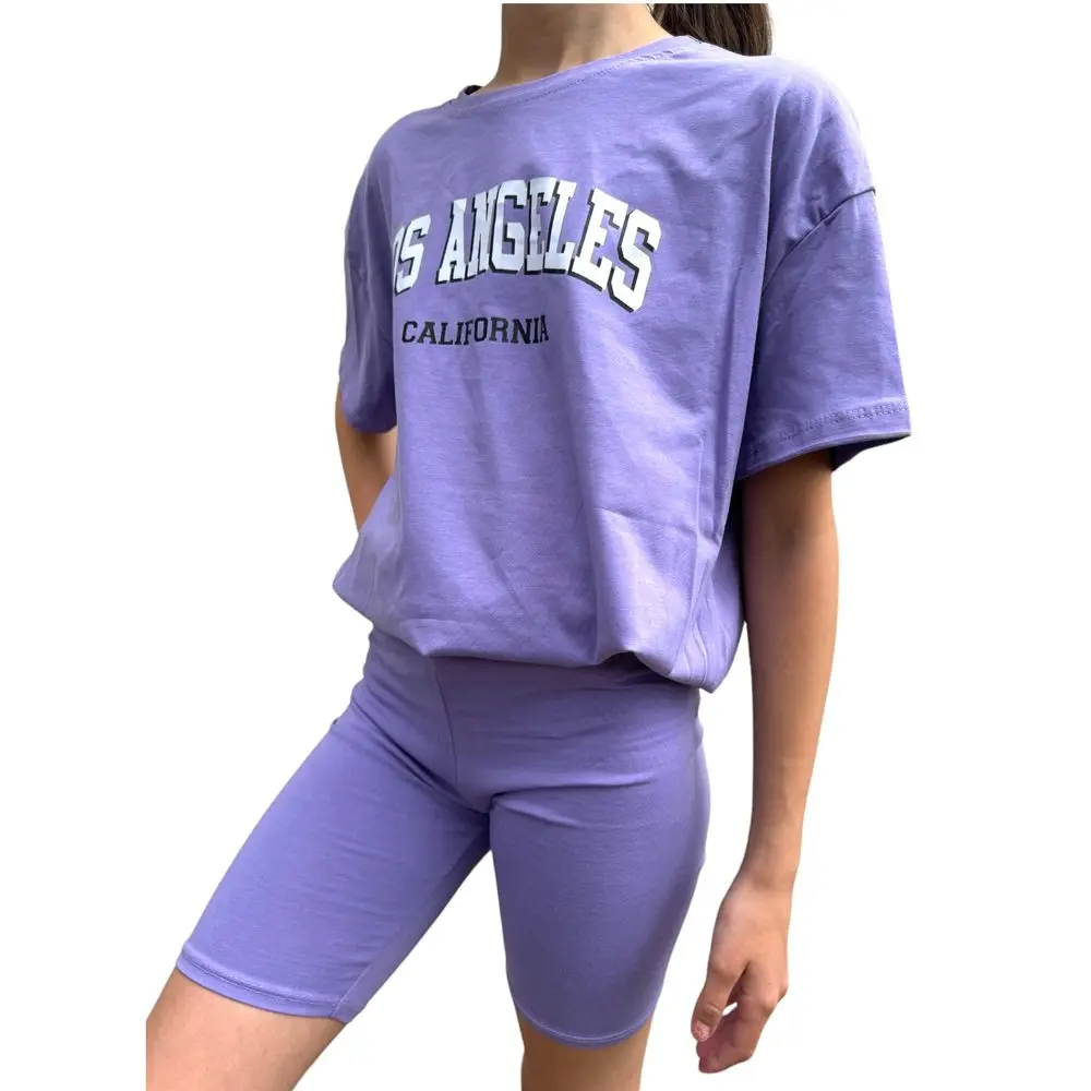 Modadeti Komplet oversize triko LOS ANGELES + kraťasy fialový