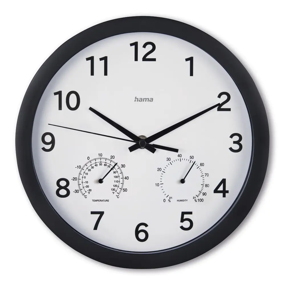 Hama Malta, nástěnné hodiny, 25 cm, tichý chod, teploměr/vlhkoměr, černé