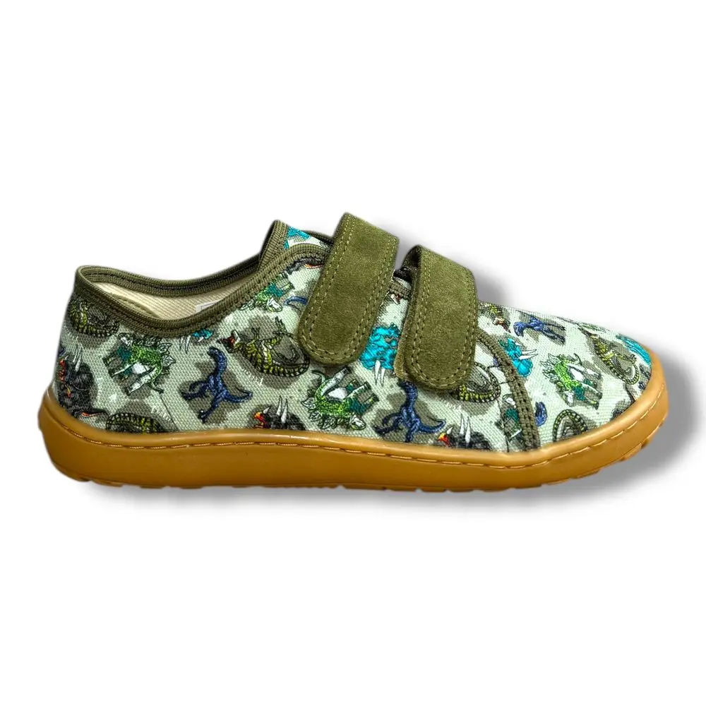 Froddo G1700422-3 barefoot plátěnky – přezůvky do školy (Dinosauři / Olive)