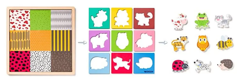 Woody Puzzle se zvířátky tvary barva