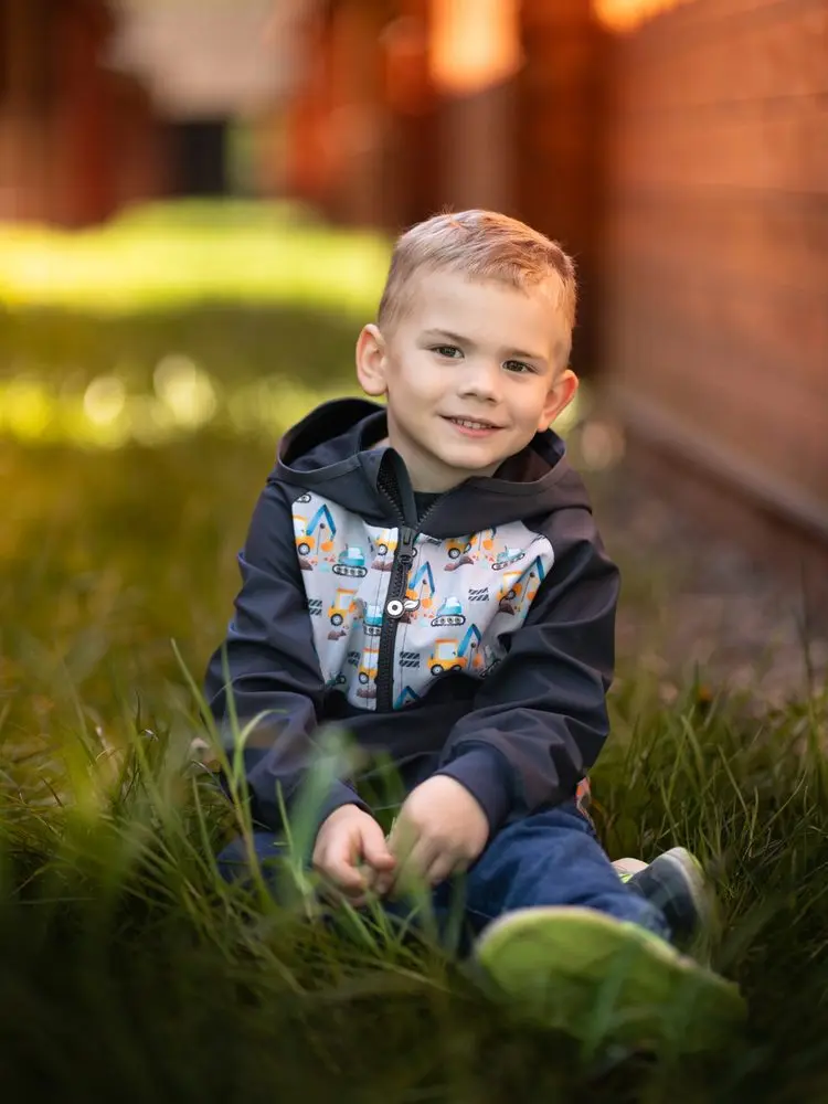 Unuo, Dětská softshellová bunda bez zateplení Basic, Tm. Šedá, Bagry - 98/104 - 2-4 roky
