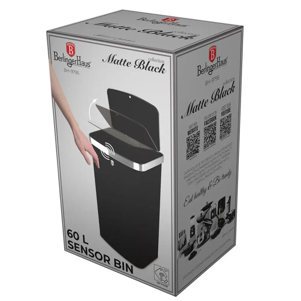 BERLINGERHAUS Koš odpadkový se senzorovým otvíráním 60 l Black Vantage Collection/Matte Black Collection BH-9795