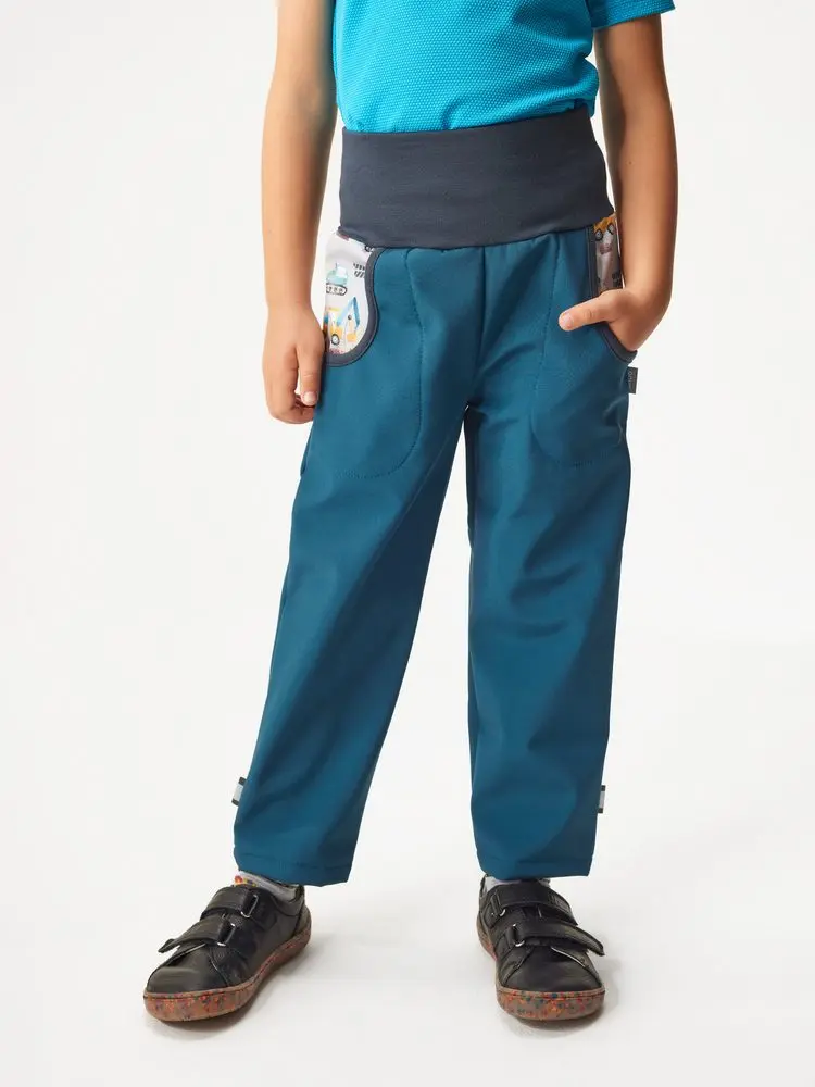 Dětské softshellové kalhoty UNUO Basic s fleecem, kobaltová, Bagry Velikost: