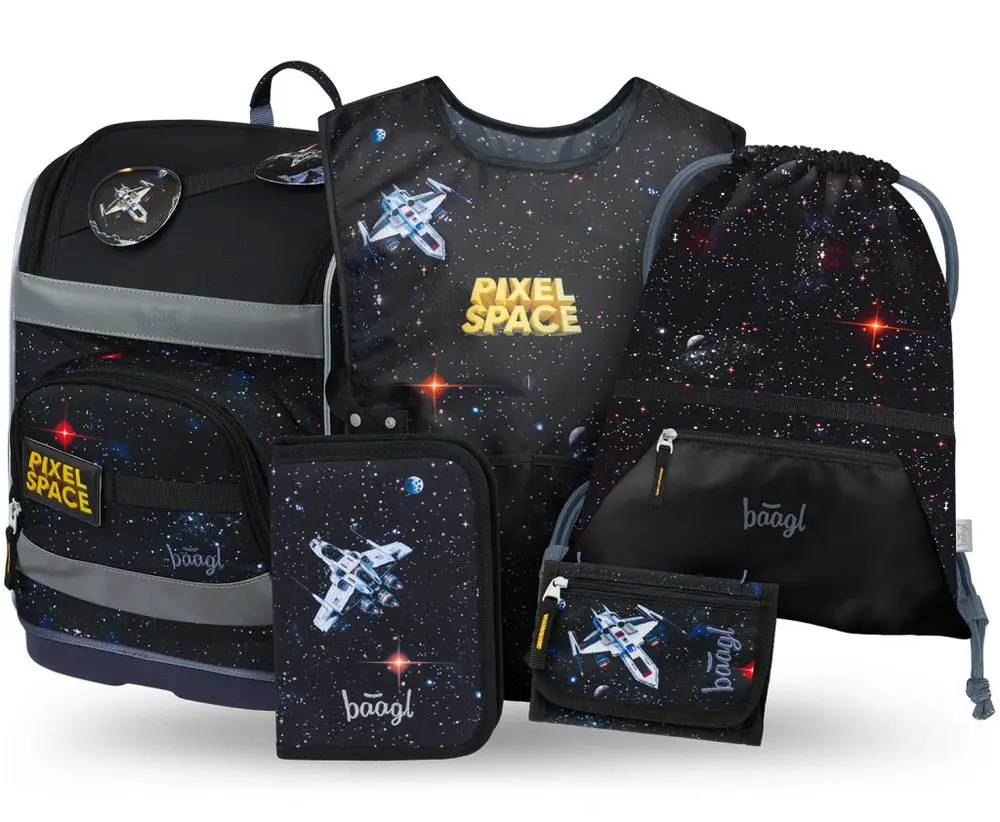 BAAGL SET 5 Zippy Plus Pixel Space: aktovka, penál, sáček, zástěra, peněženka