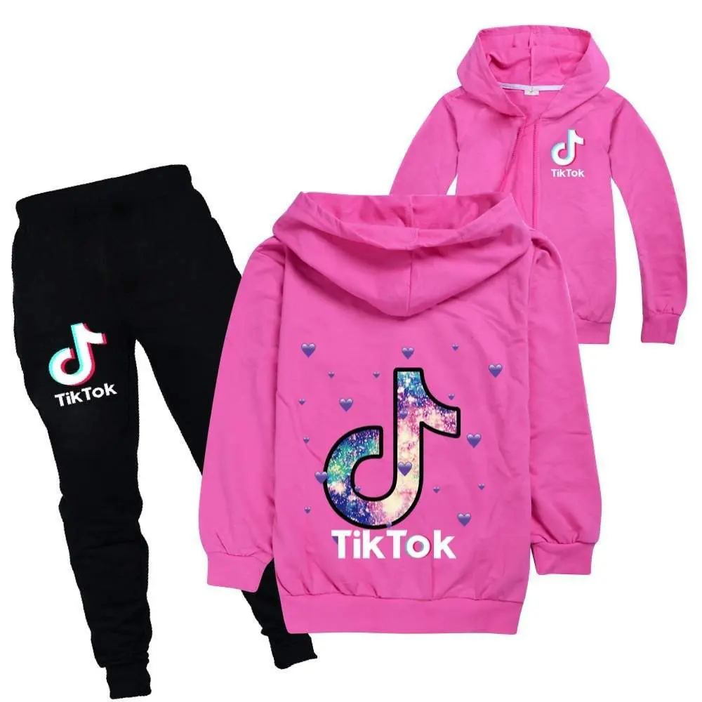 Tepláková souprava TikTok Mikina růžová s kapucí + tepláky černé -