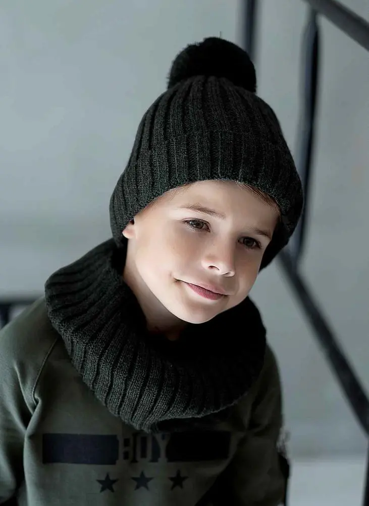 Dětská zimní čepice s bambulí All for kids khaki - M