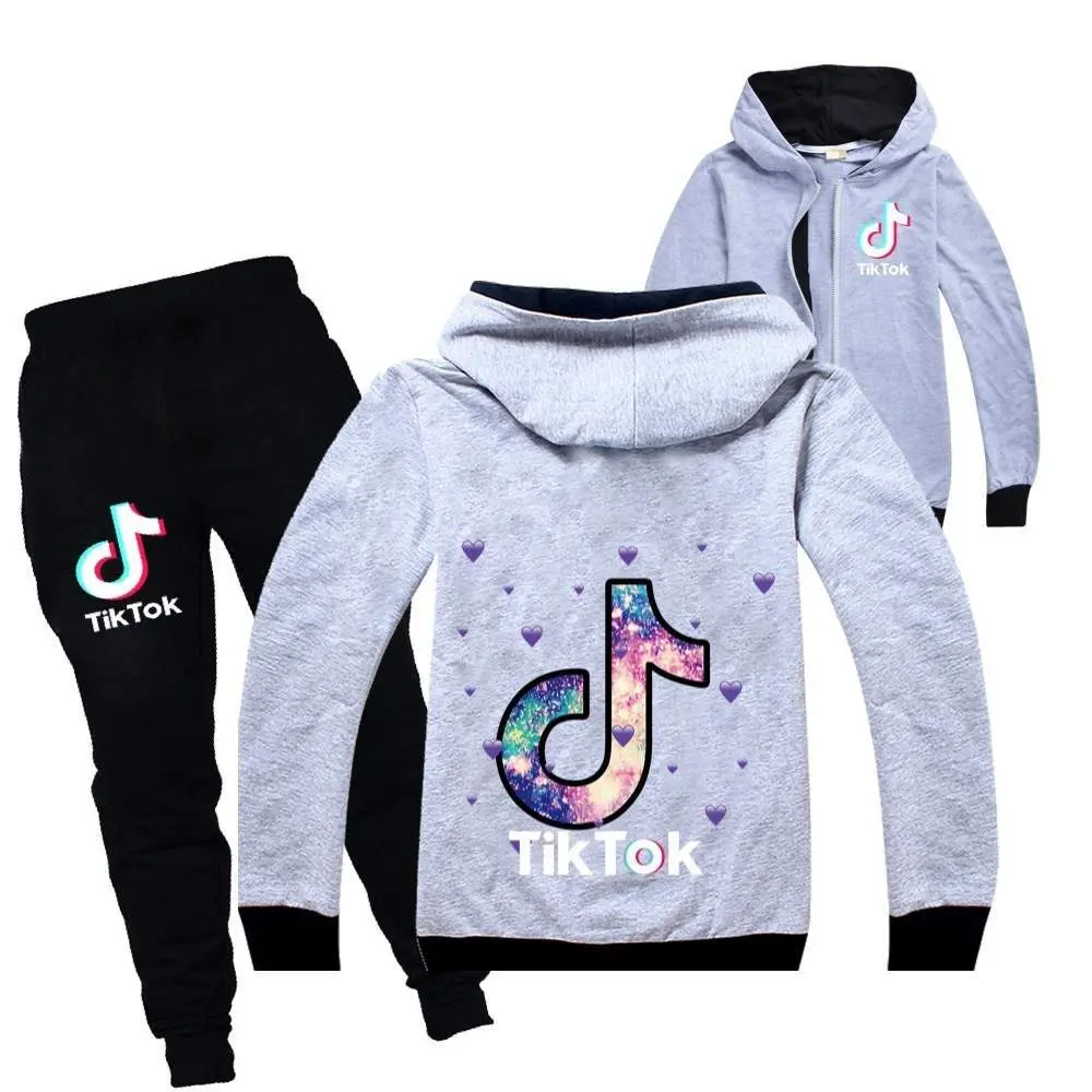 Tepláková souprava TikTok Mikina šedá s kapucí + tepláky černé -