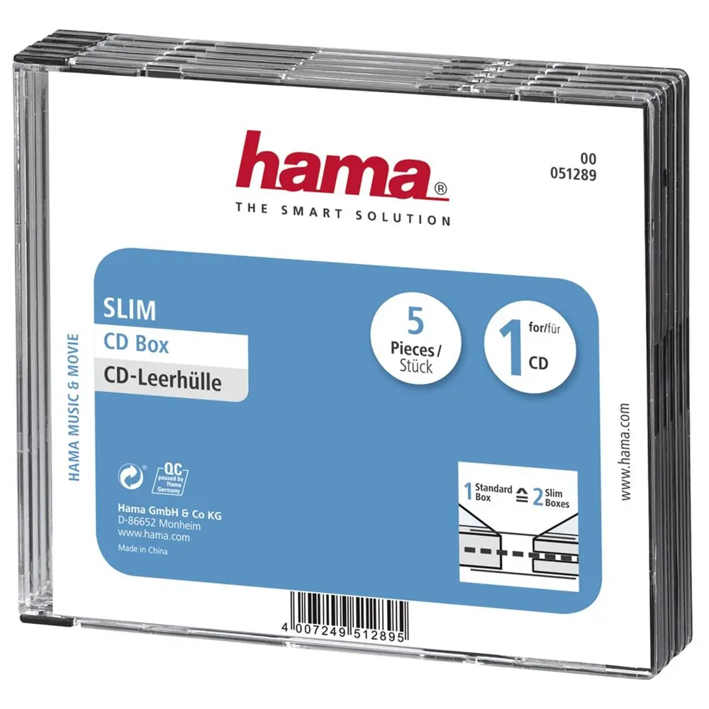 Hama CD Slim Box, obal na 1 cd/dvd, průhledný/černý, balení 5 ks (cena za balení)