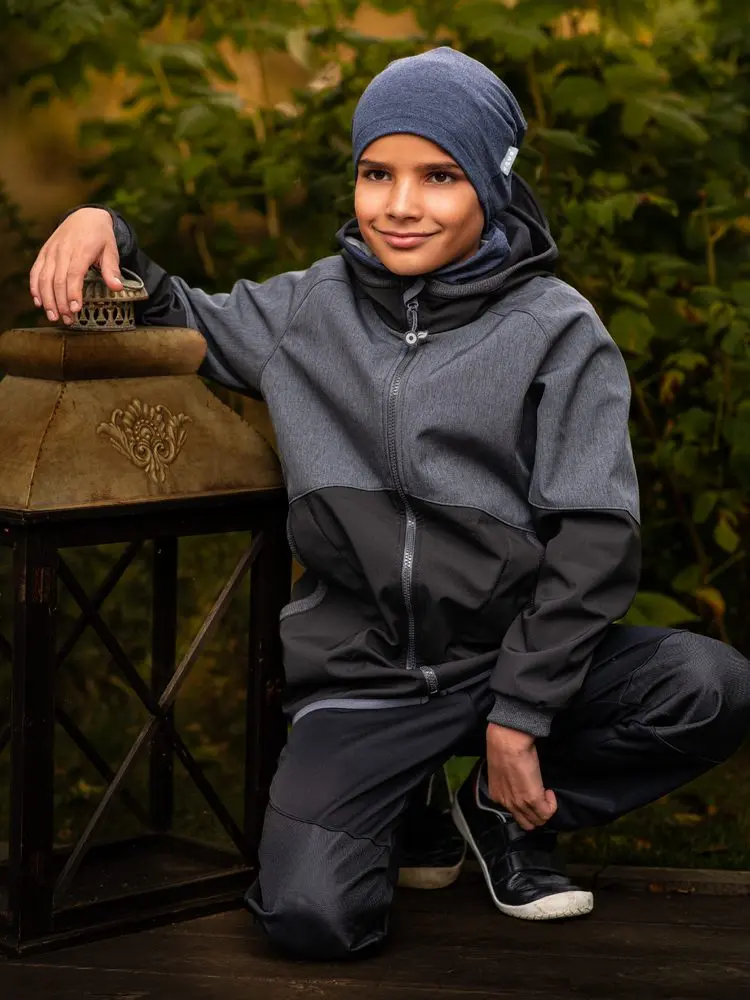 Unuo Softshellová bunda s fleecem Street DUO, Černá, Žíhaná antracitová ( Unuo softshell jacket) - 80/86 - 12-18 měsíců