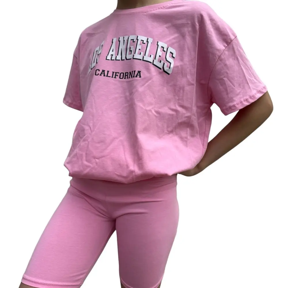 Modadeti Komplet oversize triko LOS ANGELES + kraťasy pink