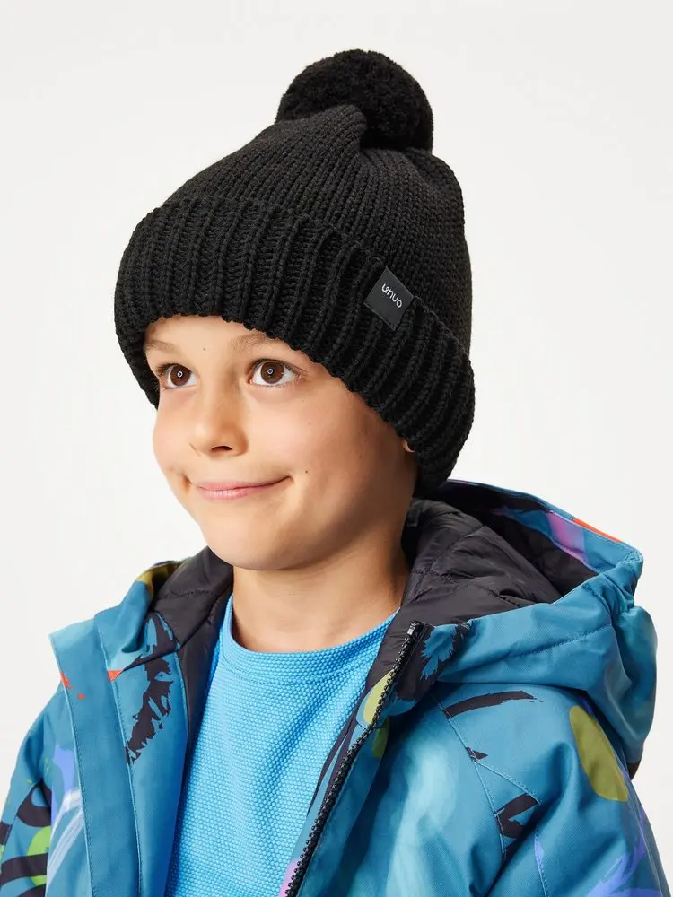 Dětská pletená čepice UNUO Bobble, Černá Velikost: L (53 - 56 cm), Věk: 7+ let