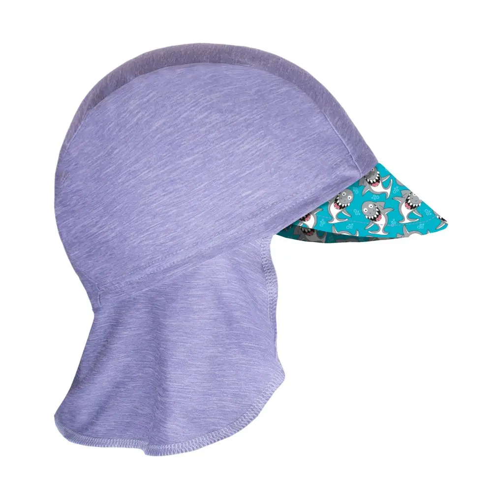 Unuo, Funkční čepice s kšiltem a plachetkou UV 50+, Žíhaná holubičí šedá, Žraloci (Unuo functional UPF 50+ cap with peak) - S (45 - 48 cm)
