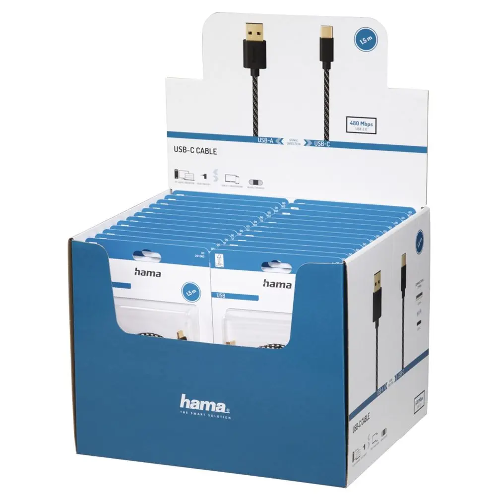 Hama USB-C 2.0 kabel typ A-C, 1,5 m, opletený, blistr/displej