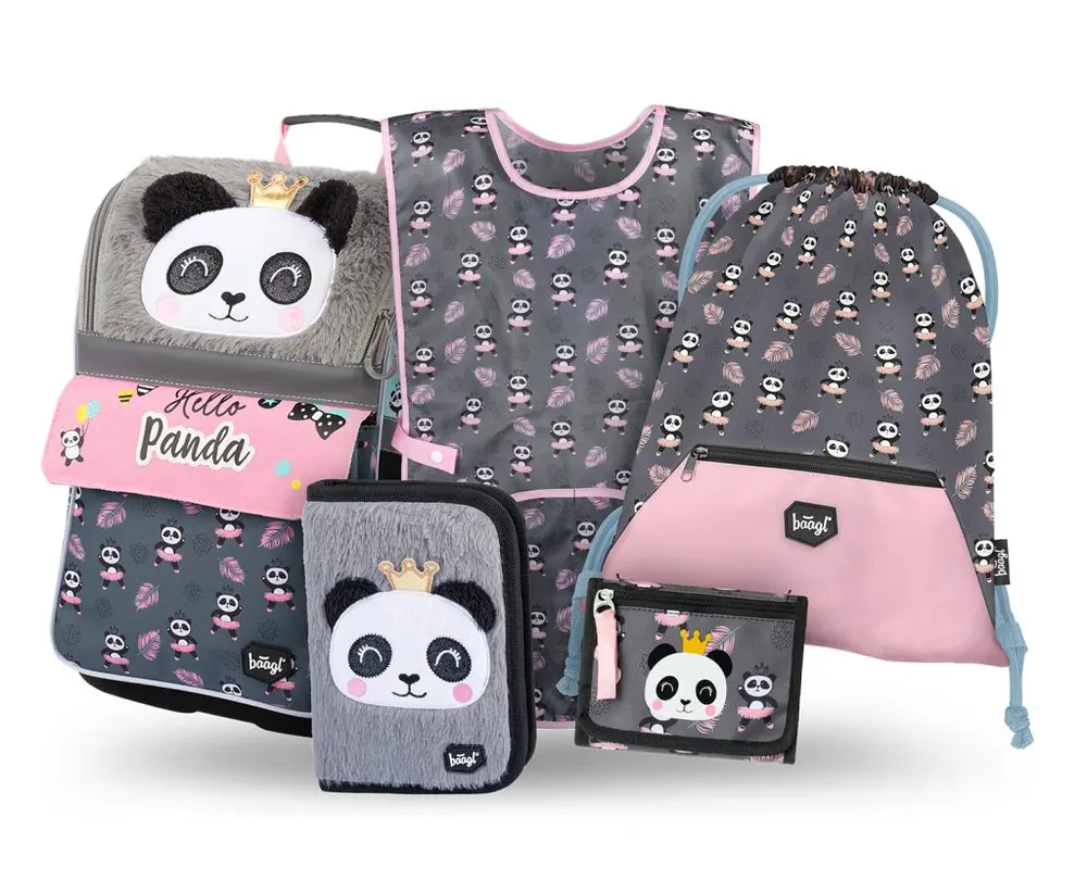 BAAGL 5 SET Zippy Panda: aktovka, penál, sáček, zástěra, peněženka
