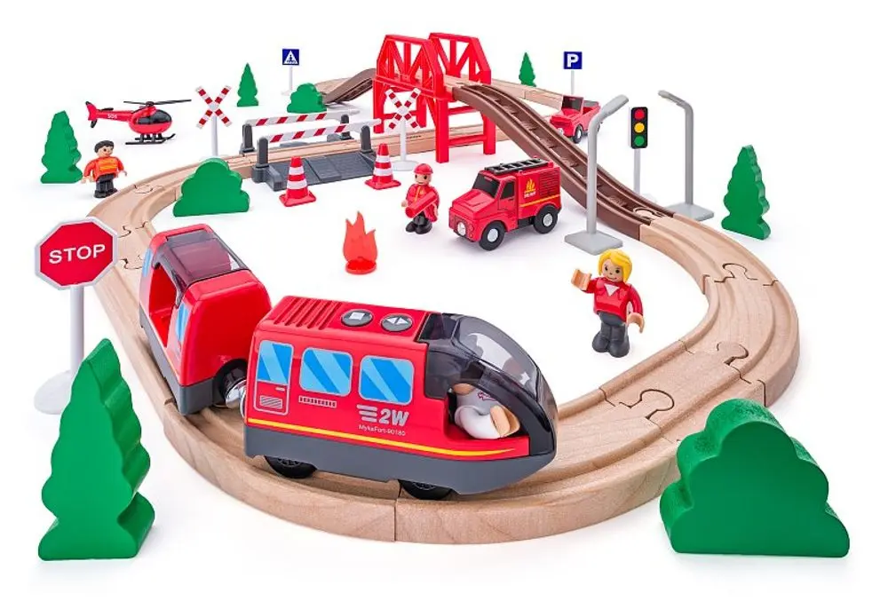 Vláčkodráha Woody - Hasiči s elektrickou mašinkou, 60 dílů