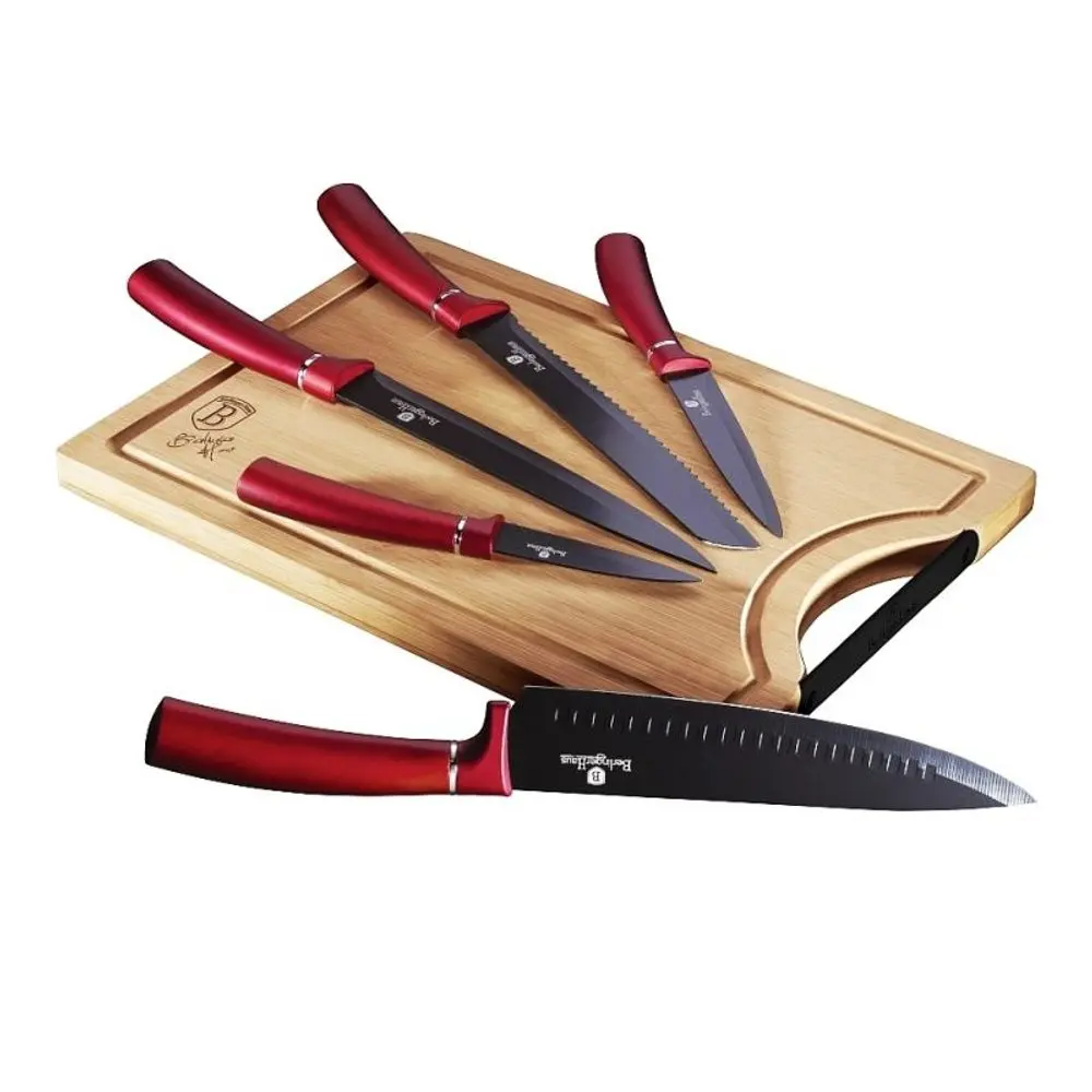 BERLINGERHAUS Sada nožů s nepřilnavým povrchem + prkénko 6 ks Burgundy Line BH-2552