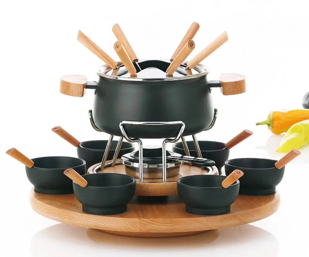 KELA Fondue sada 23 ks NATURA smalt / keramika / dřevo KL-61201