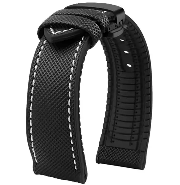 Řemínek gumový s černou motýlovou sponou - černý/bílé prošití - 24 mm