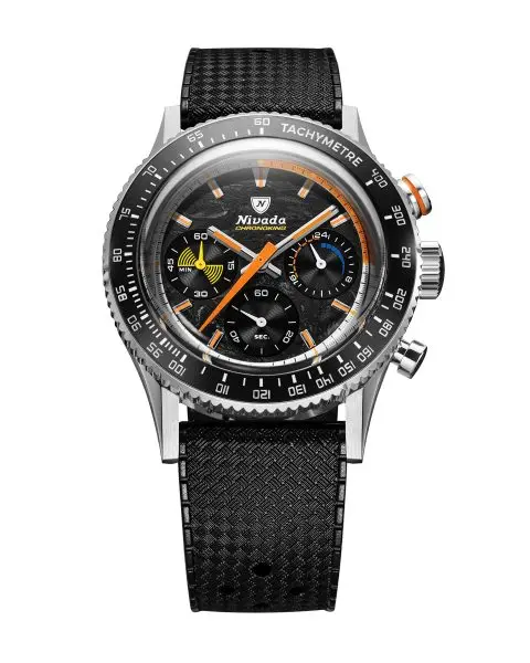 Nivada Grenchen Chronoking Mecaquartz Racing Carbon - Inter. Bezel - Black Rubber Tropic