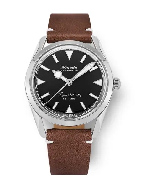 Nivada Grenchen Super Antarctic 35 mm - Black White Luminova - Brown Leather White Stitching