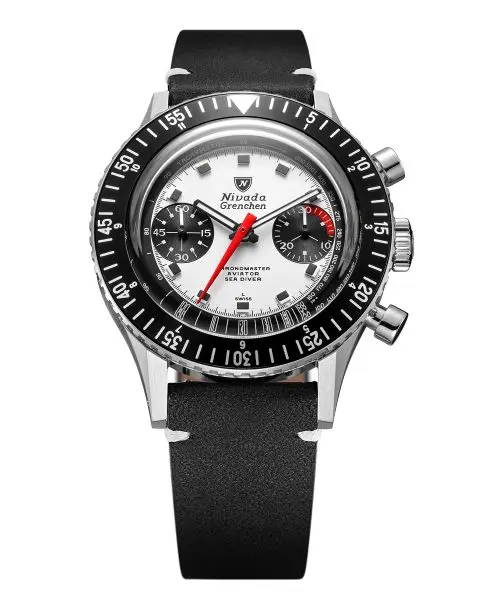 Nivada Grenchen Chronomaster White Panda 41mm - Black Leather White Stitching
