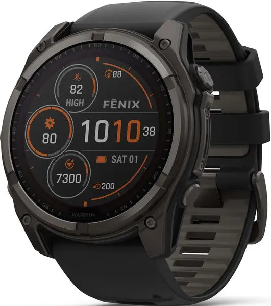 Garmin Fenix® 8 – 51 mm, Solar, Sapphire Sapphire, Carbon grey DLC titanium s Black/Grey silikonovým řemínkem 010-02907-11