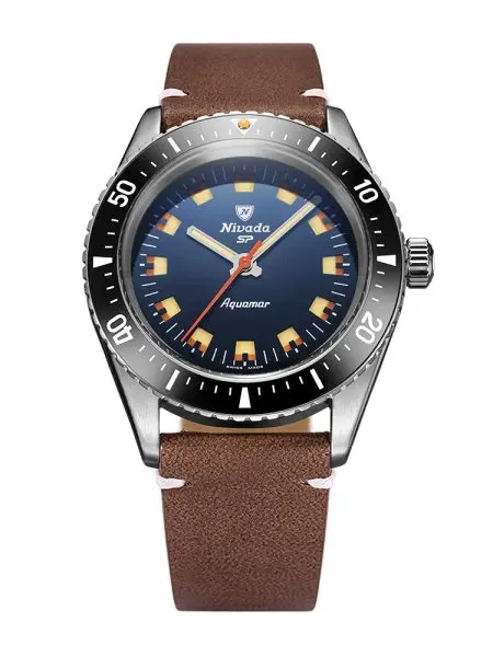 Nivada Grenchen Aquamar Blue - Brown Leather White Stitching