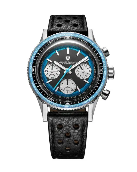 Nivada Grenchen Chronoking Racing Blue - Inter. Bezel - Black Racing Strap