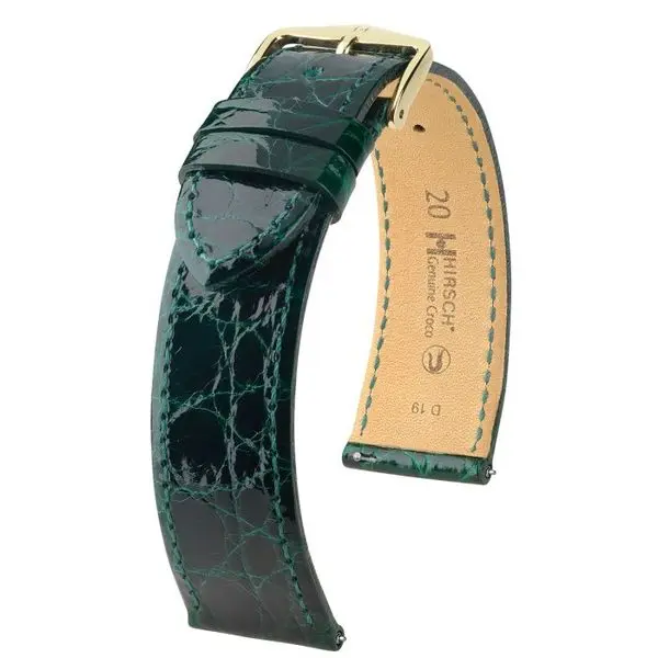 Řemínek Hirsch Genuine Croco - tmavě zelený, lesk - 13 mm - M – Střední délka - 10 mm - Rose Gold