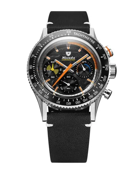 Nivada Grenchen Chronoking Mecaquartz Racing Carbon - Inter. Bezel - Black Leather White Stitching