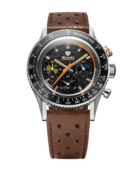 Nivada Grenchen Chronoking Mecaquartz Racing Carbon - Inter. Bezel - Brown Racing Strap
