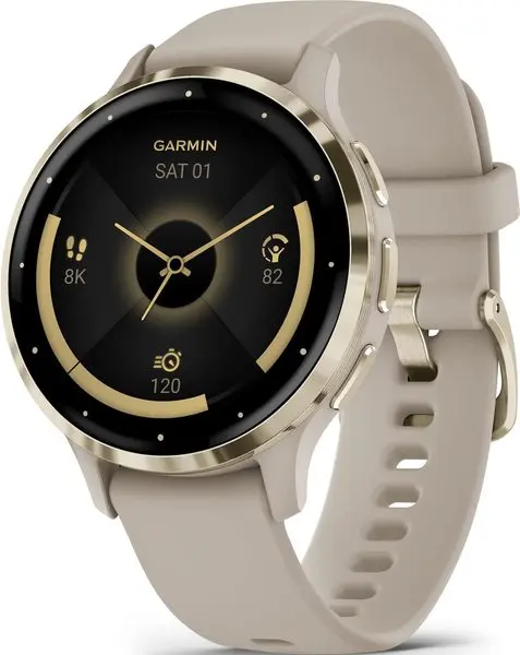 Garmin Venu 3S, Nerezová luneta Soft Gold, pouzdro French Gray, silikonový řemínek