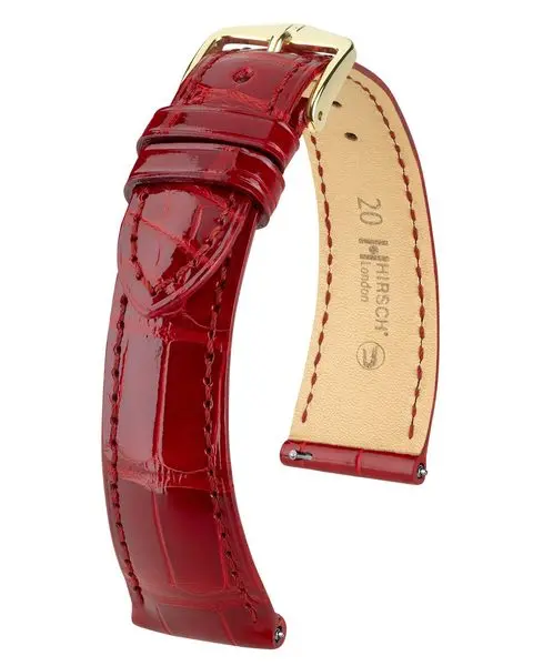 Řemínek Hirsch London Alligator - červený, lesk - 19 mm - L – Standardní délka (doporučujeme) - 14 mm - Zlatá