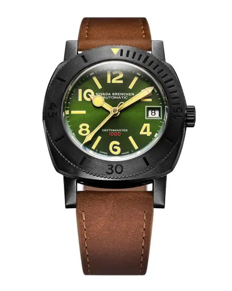 Nivada Grenchen Depthmaster Numerals - Black and Green - Brown Leather