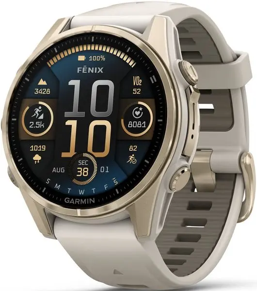 Garmin Fenix® 8 – 43 mm, AMOLED Sapphire, Soft Gold / Fog grey se silikonovým řemínkem 010-02903-11