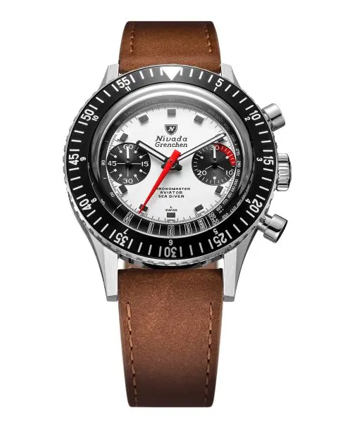 Nivada Grenchen Chronomaster White Panda 41mm - Brown Leather