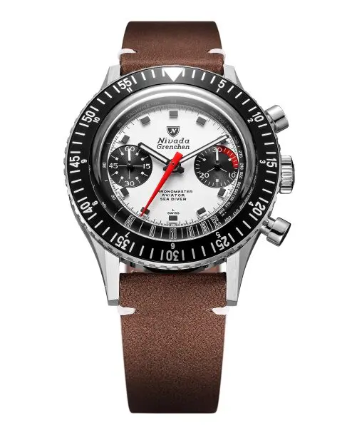 Nivada Grenchen Chronomaster White Panda 41mm - Brown leather White Stitching
