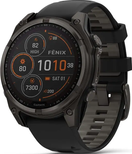 Garmin Fenix® 8 – 47 mm, Solar, Sapphire Sapphire, Carbon grey DLC titanium s Black/Gray silikonovým řemínkem 010-02906-11