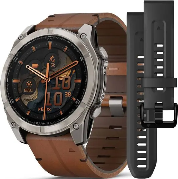 Garmin Fenix® 8 – 51 mm, AMOLED Sapphire, Titanium / Brown Leather Band 010-02905-40
