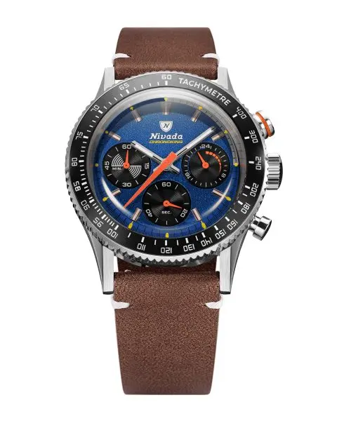 Nivada Grenchen Chronoking Mecaquartz Racing Blue - Inter. Bezel - Brown Leather White Stitching