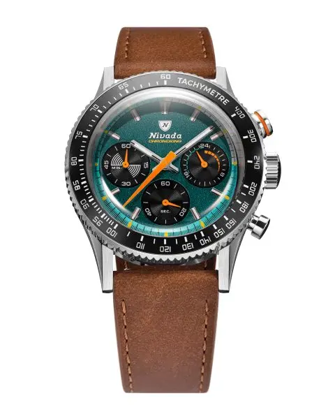Nivada Grenchen Chronoking Mecaquartz Racing Green - Inter. Bezel - Brown Leather