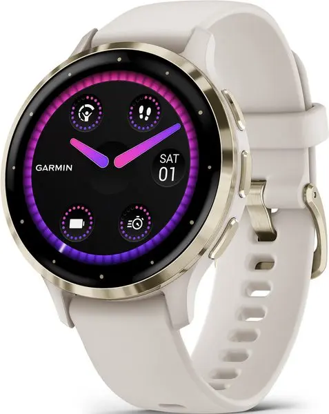 Garmin Venu 3S, Nerezová luneta Soft Gold, pouzdro Ivory, silikonový řemínek