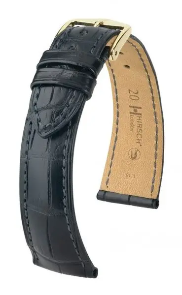 Řemínek Hirsch London Alligator (NO QR) - černý, mat - 18 mm - L – Standardní délka (doporučujeme) - 16 mm - Zlatá