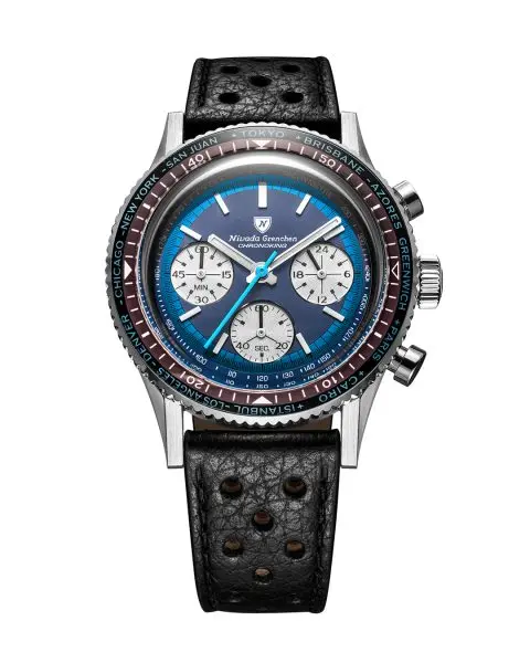 Nivada Grenchen Chronoking Racing Blue Lagoon - Inter. Bezel - Black Racing Strap
